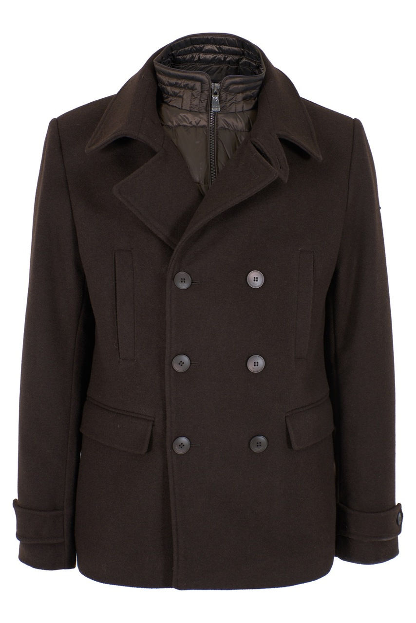 Casaco de lã castanho escuro com botões. Cinto Homem para o outono e inverno.
