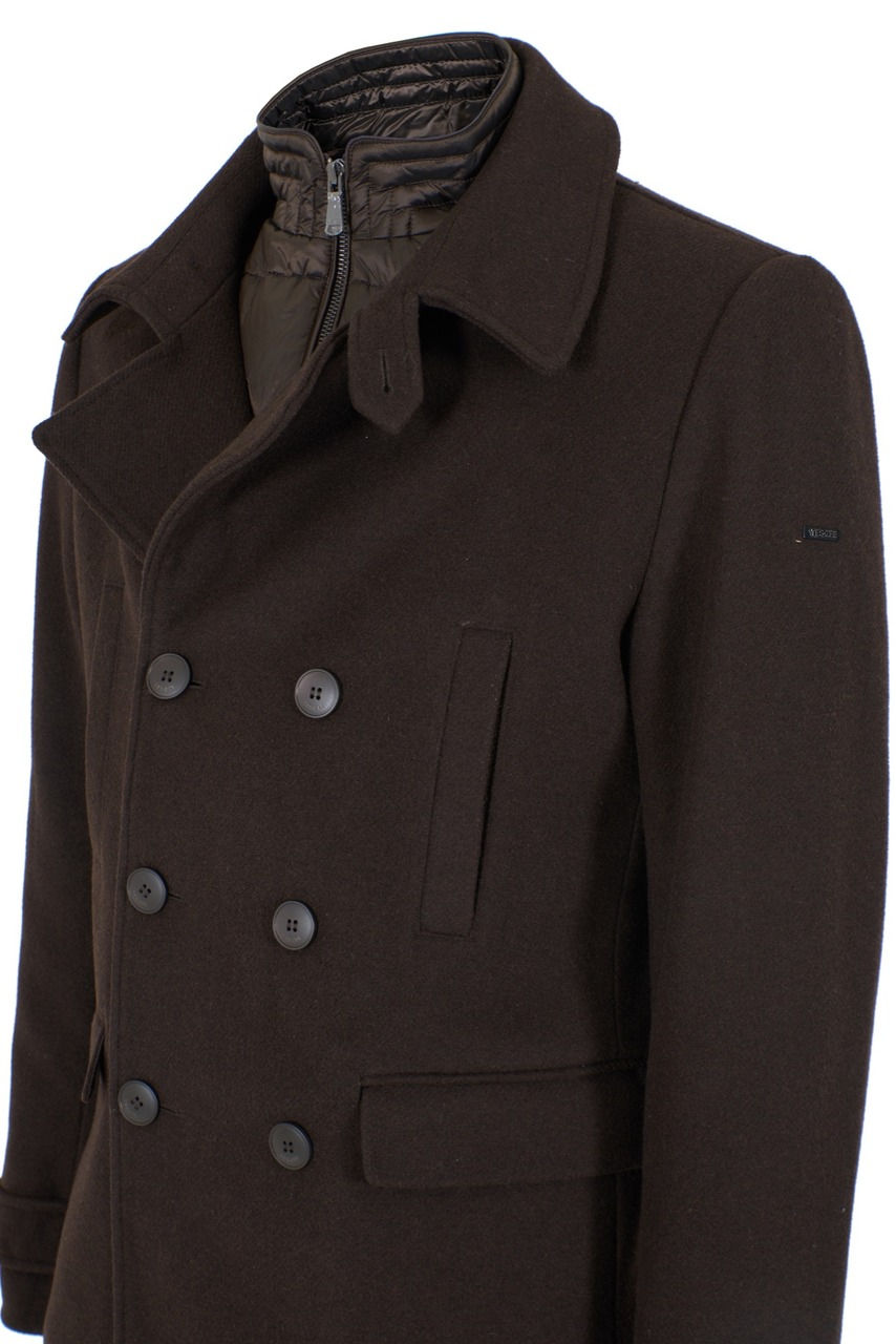 Casaco de lã castanho com botões e bolsos detalhados, Cinto Homem para elegância.