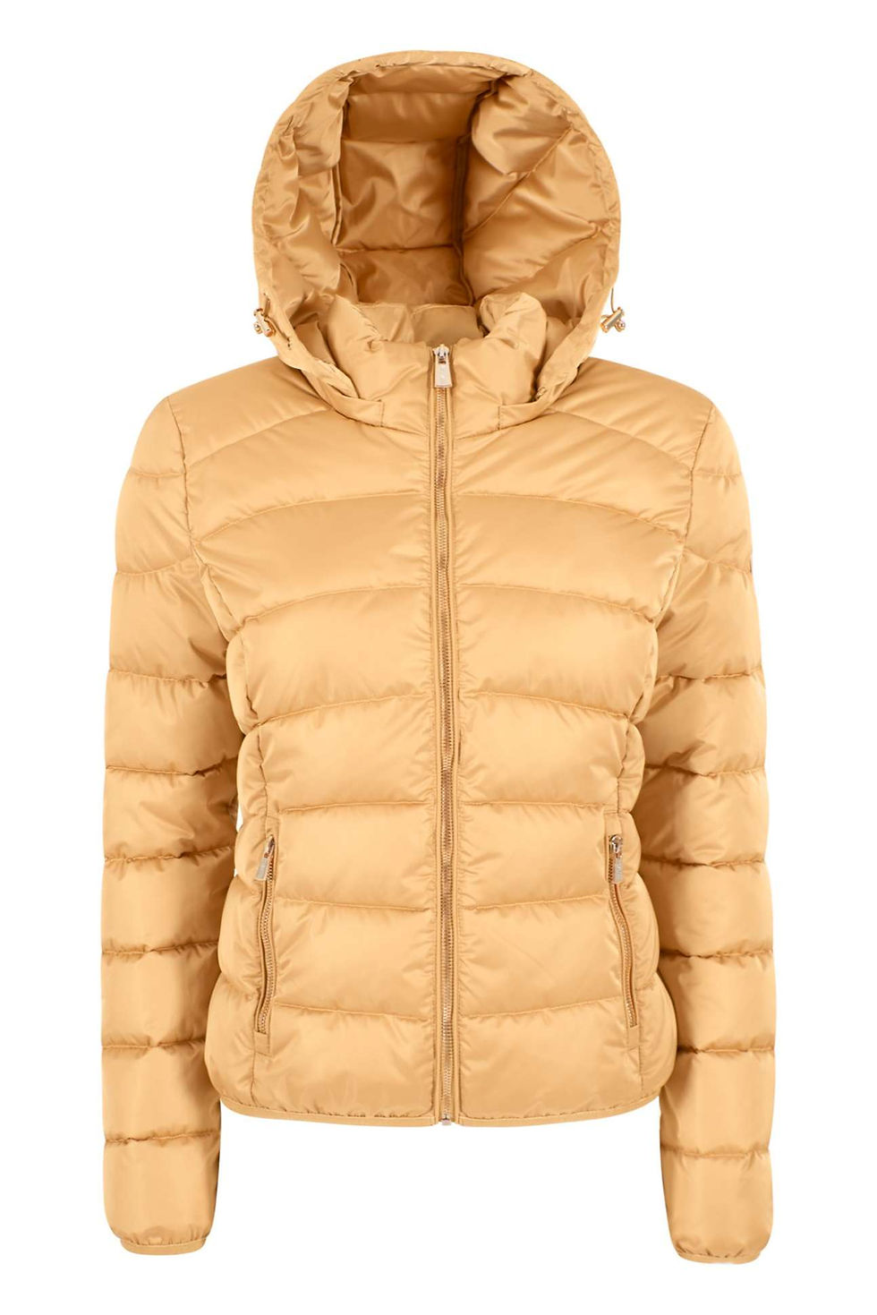 Jaqueta puffer amarela com capuz, ideal para o inverno, Malha Mulher.