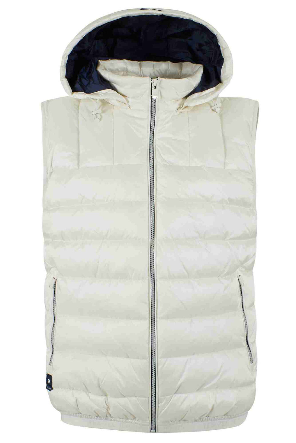 Colete acolchoado creme com capuz, fecho frontal e forro azul escuro.
