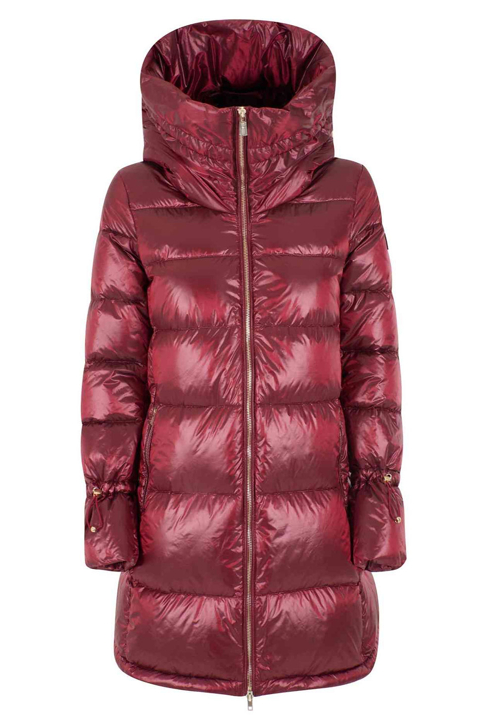 Shiny red winter coat with a hood Blusão com carapuço on a white background.