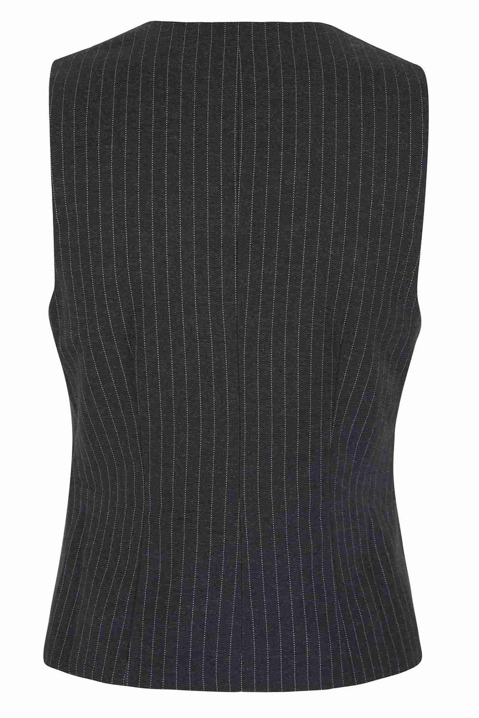 Colete preto com riscas verticais, usado em fundo branco.