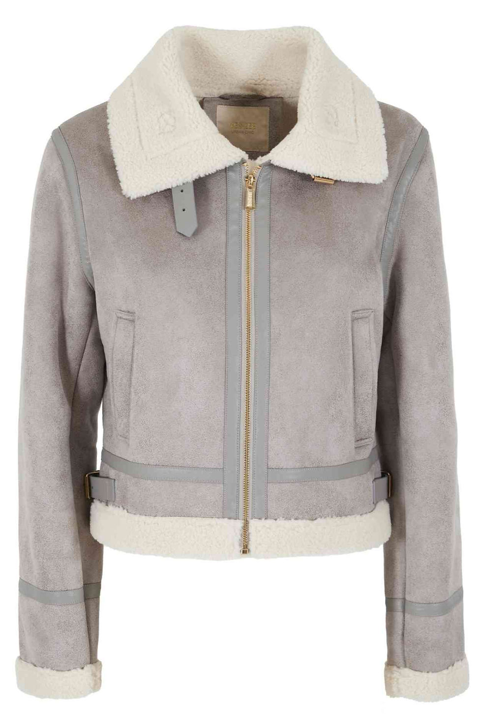 Casaco cinzento com gola branca, forro e fecho dourado. Casaco Yes Zee Penafiel