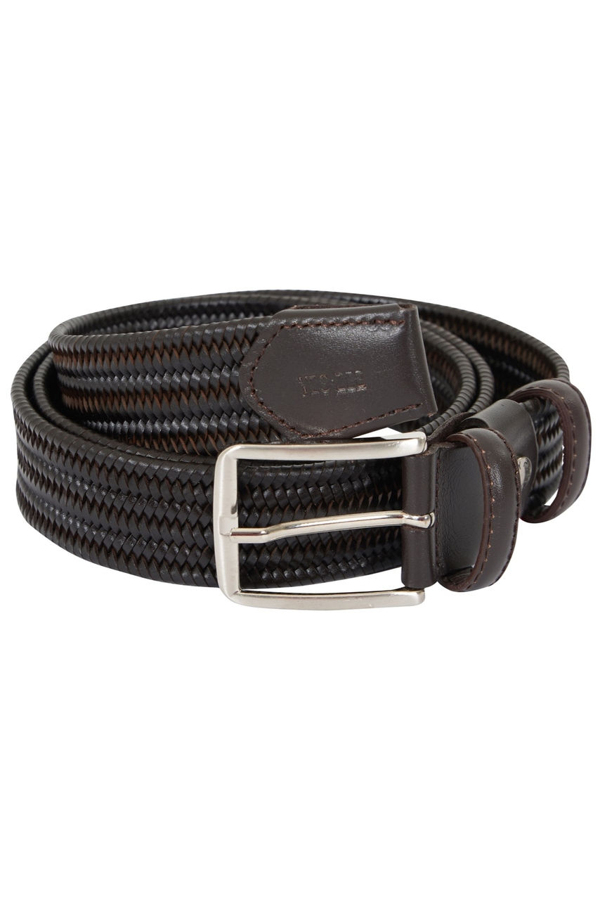 Cinto Homem marrom trançado com fivela prateada, acessório de moda para homens.