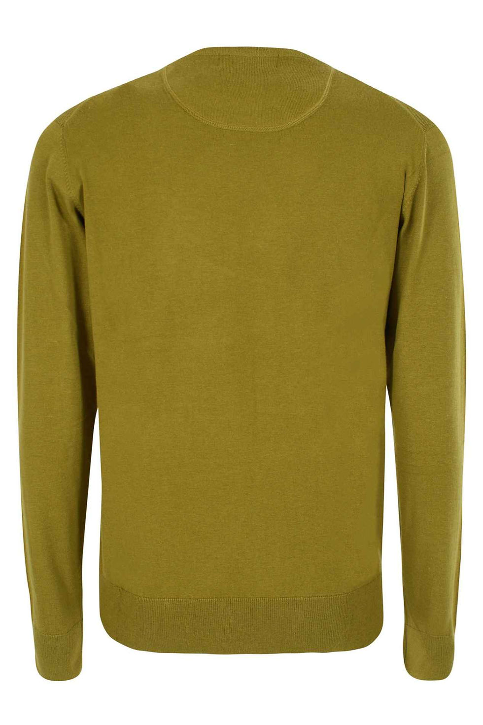 Camisola verde mostarda, Malha Homem, com mangas compridas e gola redonda.