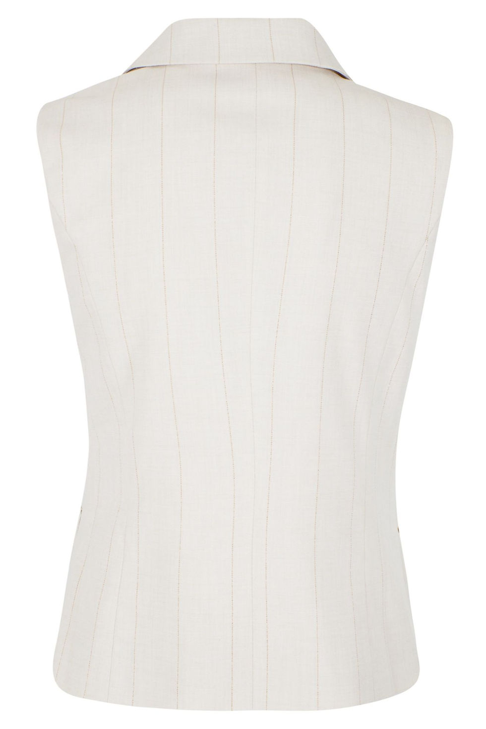 Vista traseira de um colete branco, tecido com linhas verticais.