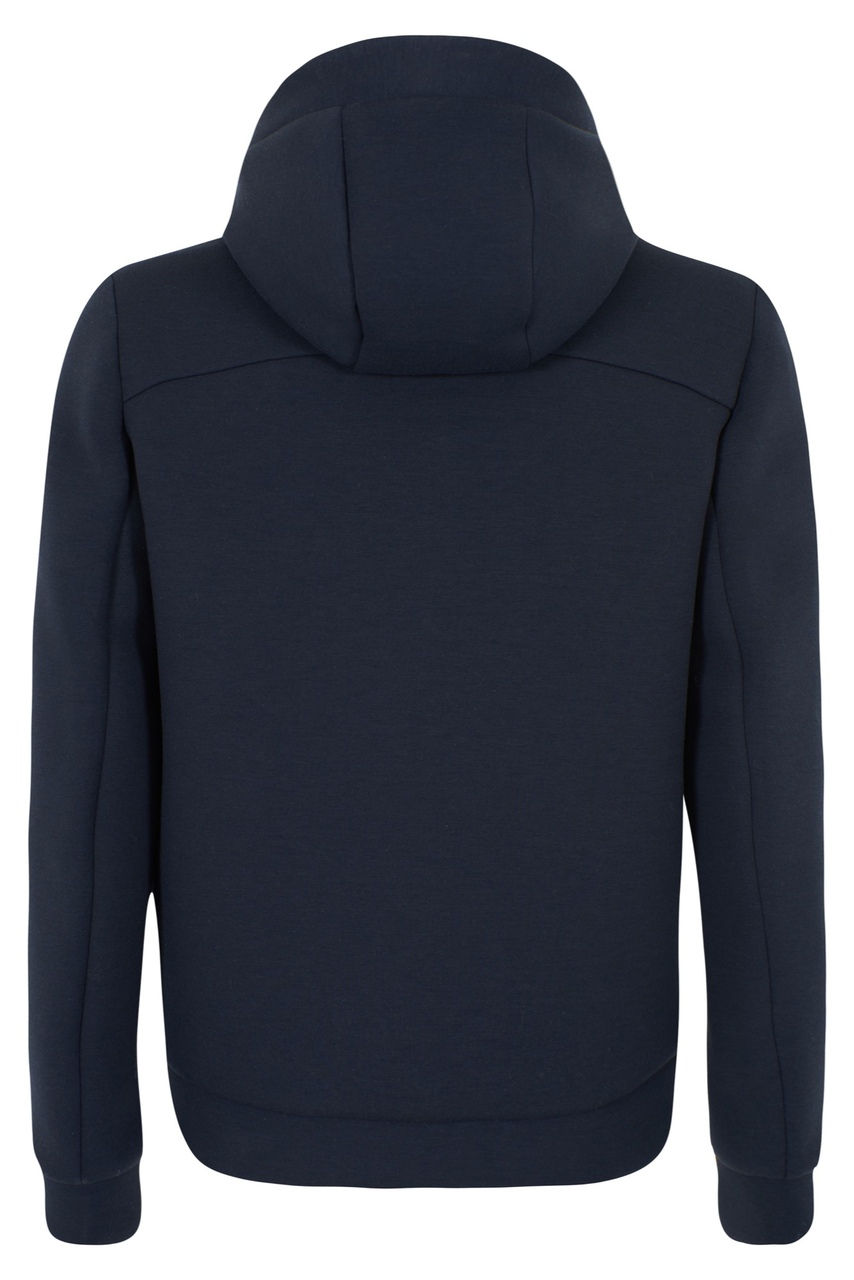 Casaco azul escuro com capuz e zíper, vista posterior. Yes Zee Penafiel