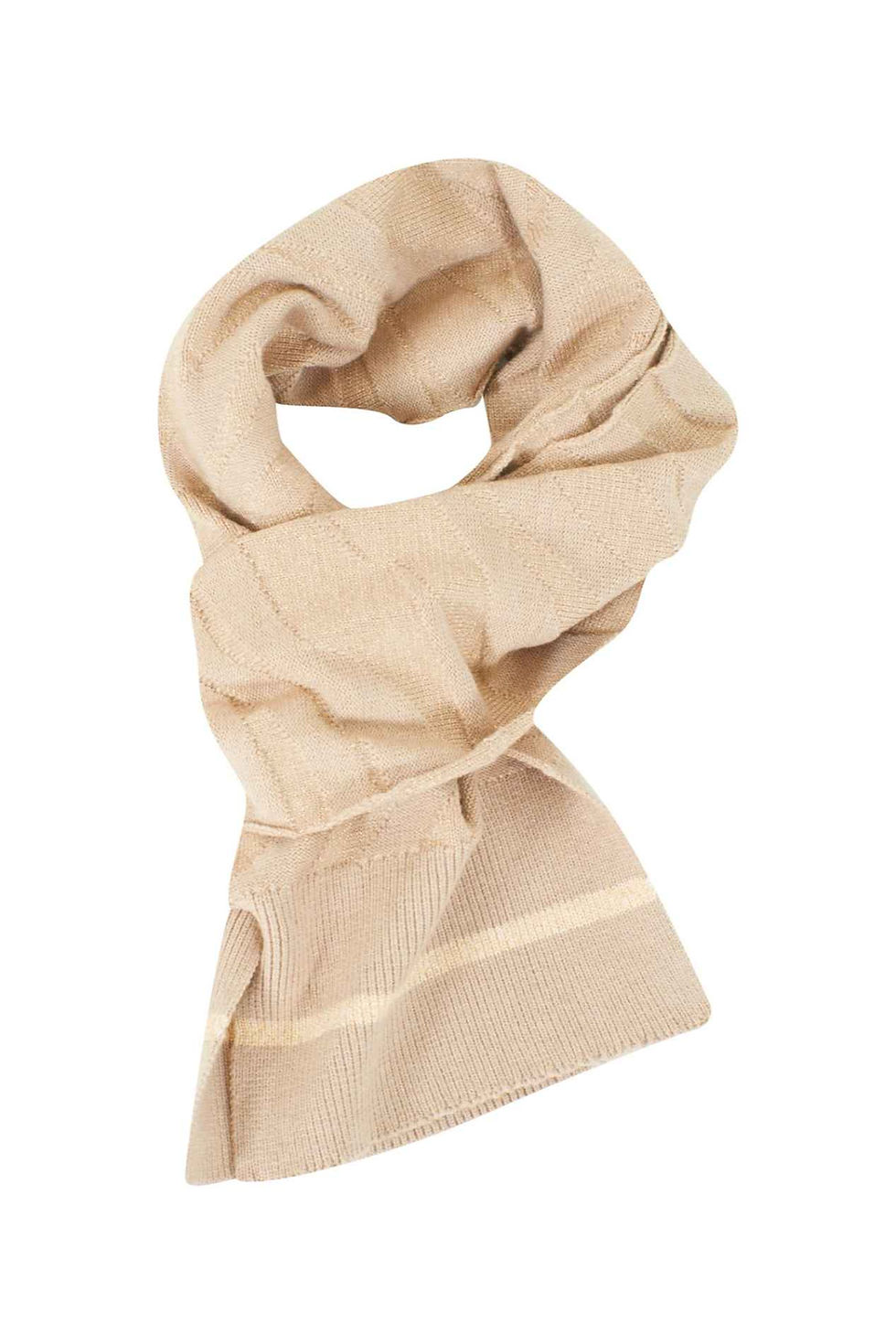 Lenço bege com listras. Acessório elegante e confortável para usar em dias frios.