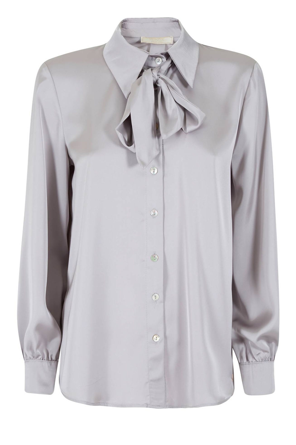 Blusa cinza com laço elegante, botões e mangas compridas, perfeita Blusa.