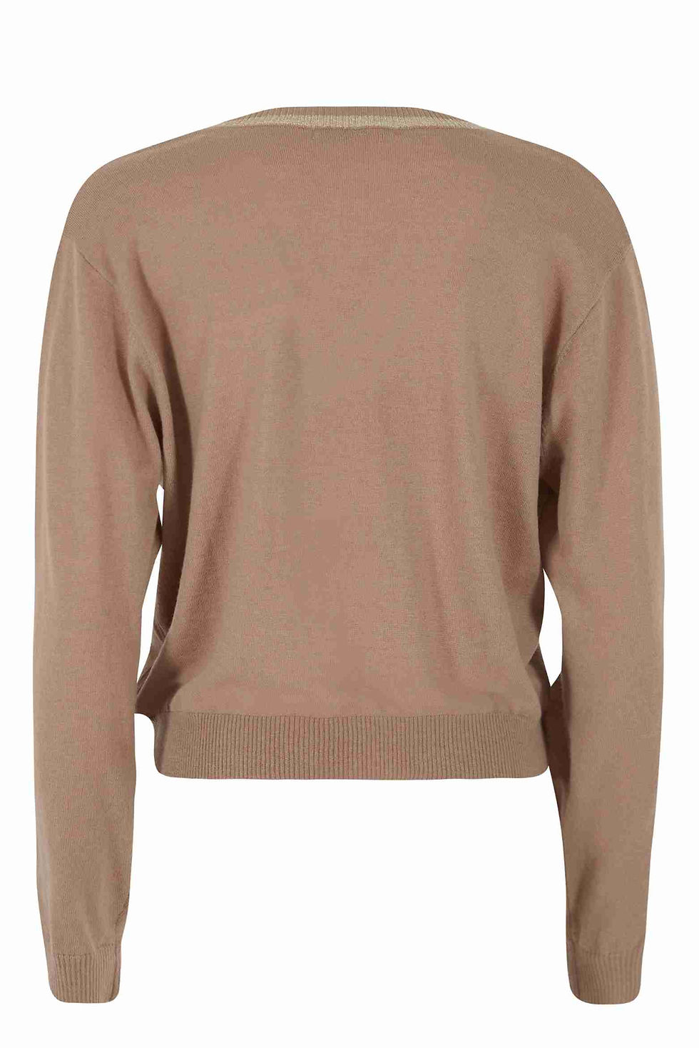 Camisola bege com gola redonda. Top de malha, peça de vestuário casual.