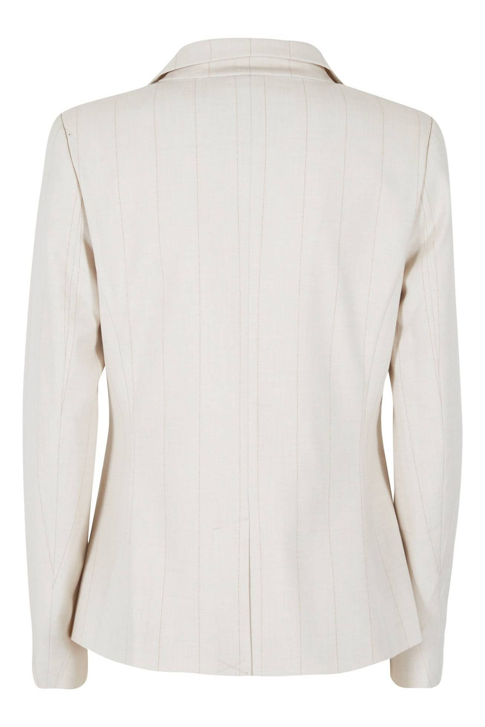 Casaco branco feminino visto por trás, detalhes nas costas para uso.