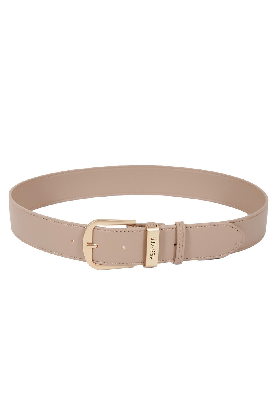 Cinto bege com fivela dourada, texto
