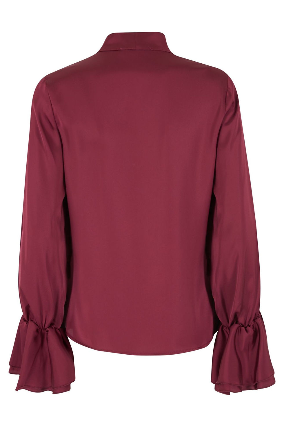 Vista traseira de uma blusa vinho. Blusa com mangas compridas e detalhes.