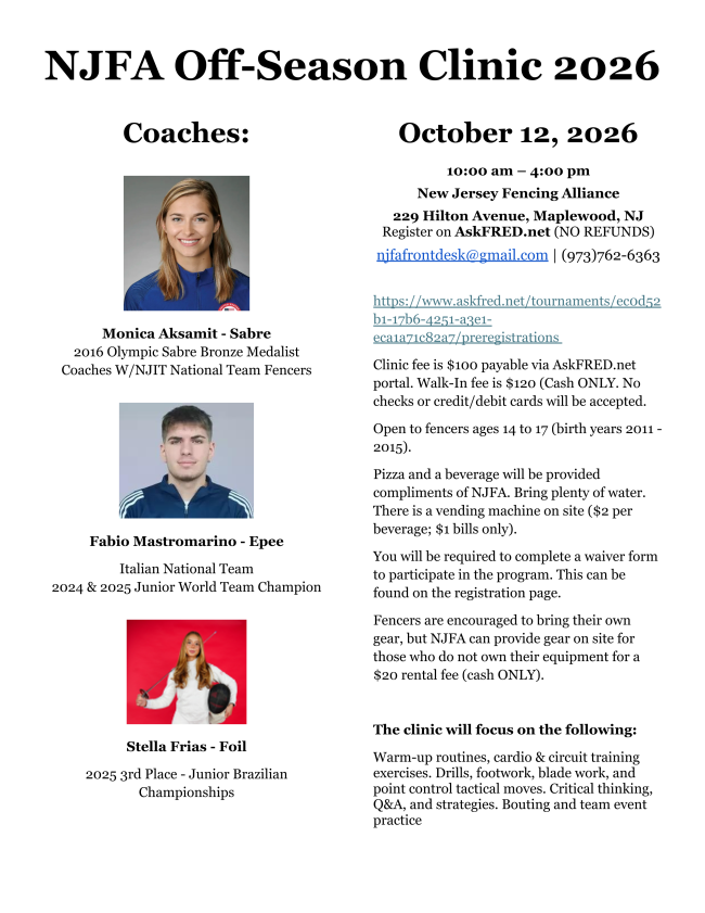 Flier for NJFA High School Off-Season Clinic