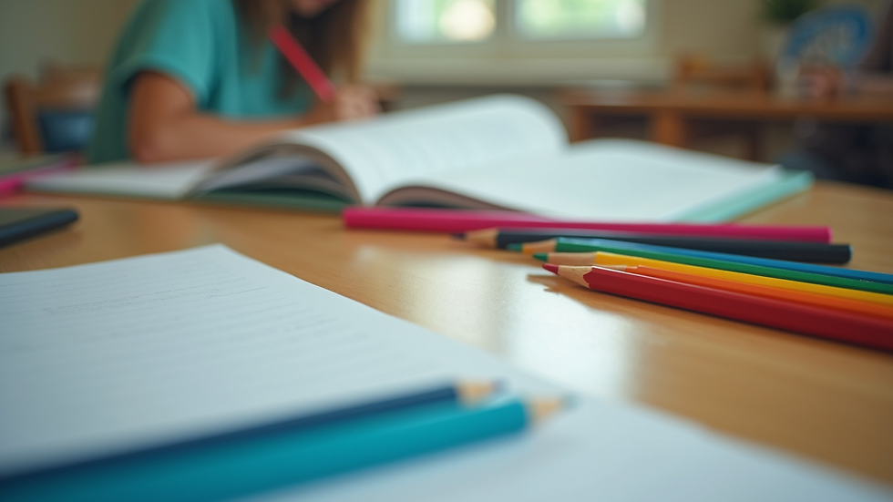 Close-up view of colourful educational materials on a classroom desk