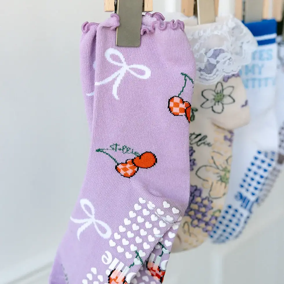 Thumbnail: Cherry Bow Crew Grips Socks by Stollie