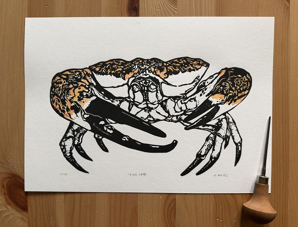 Thumbnail: Original handprinted lino print of a King Crab with orange highlights on white printmaking paper 