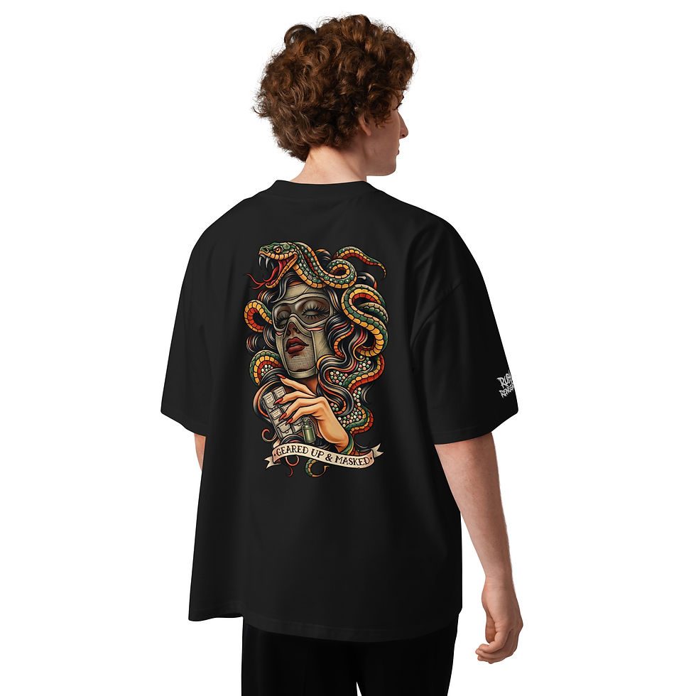 Thumbnail: Geared Up & Masked Unisex organic oversized high neck t-shirt
