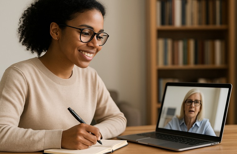 Young woman attending an online class on her laptop while smiling and taking notes at a desk.
