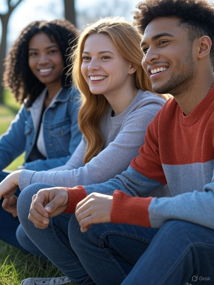 Group of smiling LGBTQI+ youth sitting outdoors together, representing inclusion, diversity, and positive mental health support in Ireland