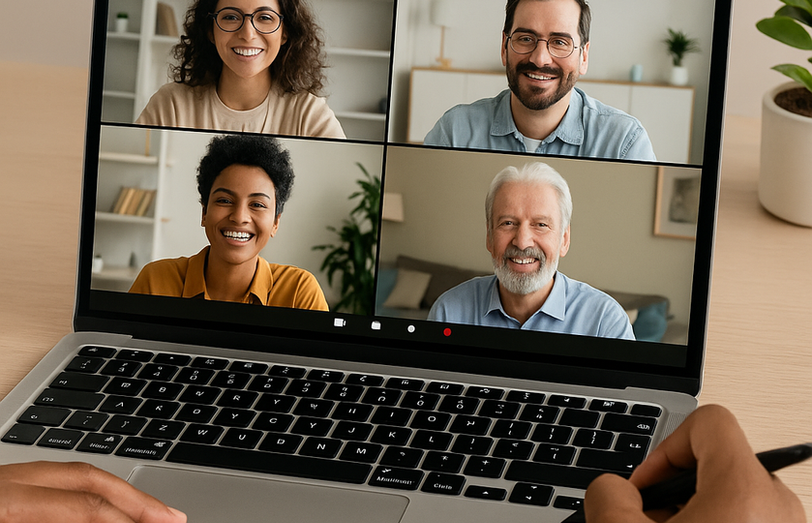 Adult learners participating in an online counselling course via Zoom, taking notes during a live interactive class