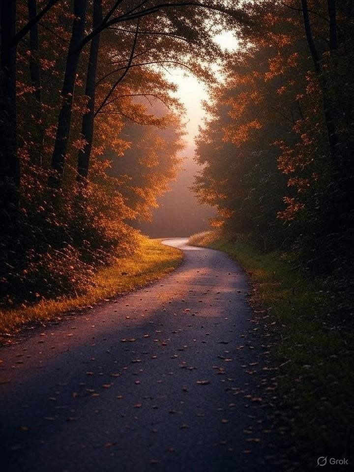 A narrow winding road through a forest in autumn, with sunlight streaming through the trees and illuminating the orange-brown leaves, creating a warm and peaceful atmosphere.
