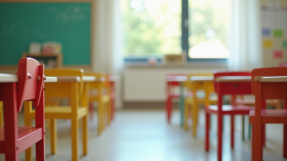 Eye-level view of colorful classroom with child-friendly furniture