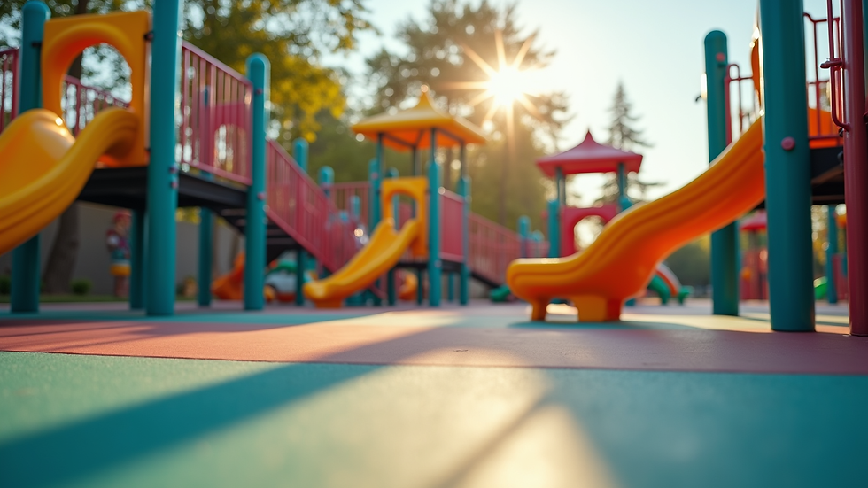 Wide angle view of outdoor playground with colorful equipment