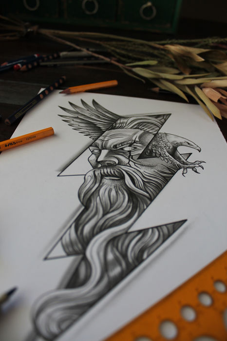 Pencil drawing of a man with a beard and a flying eagle, all in the shape of a thunderbolt