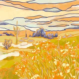 Illustration of a field of flowers, sky and mountains