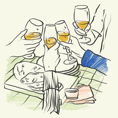 Illustration of a hands holding champagne glasses in a cheer