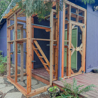 Patio converted into a catio with multiple levels, attached to a house near a small deck