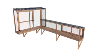 A modular catio setup featuring an adjustable window catio connected to a cat tunnel, providing extra space for cats to explore and enjoy the outdoors safely.