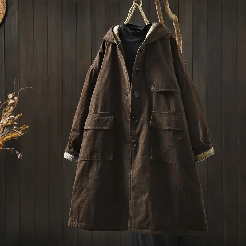 Thumbnail: Johnature Women Vintage Hooded Button Parkas Plus Cotton Winter Coats Solid