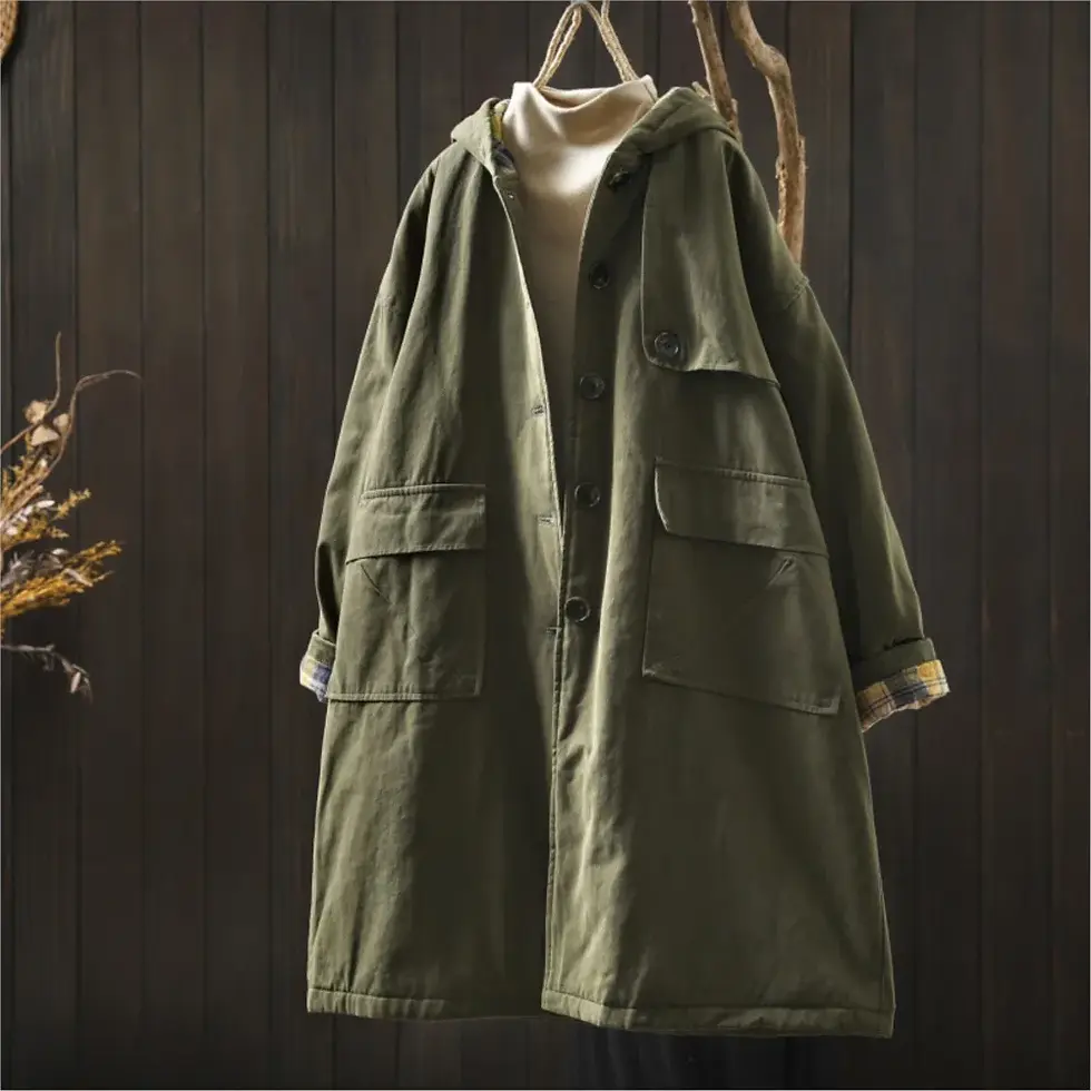 Thumbnail: Johnature Women Vintage Hooded Button Parkas Plus Cotton Winter Coats Solid
