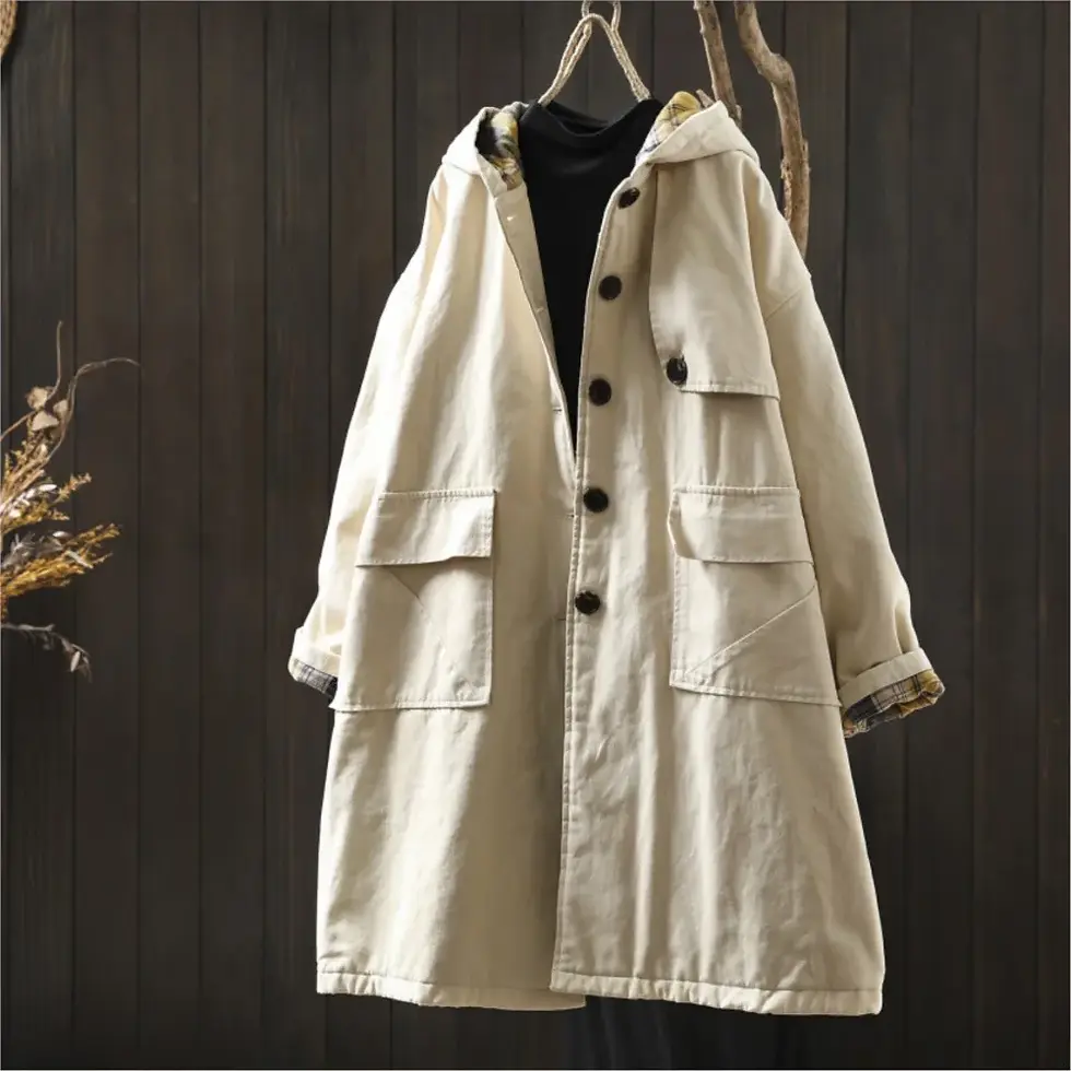 Thumbnail: Johnature Women Vintage Hooded Button Parkas Plus Cotton Winter Coats Solid