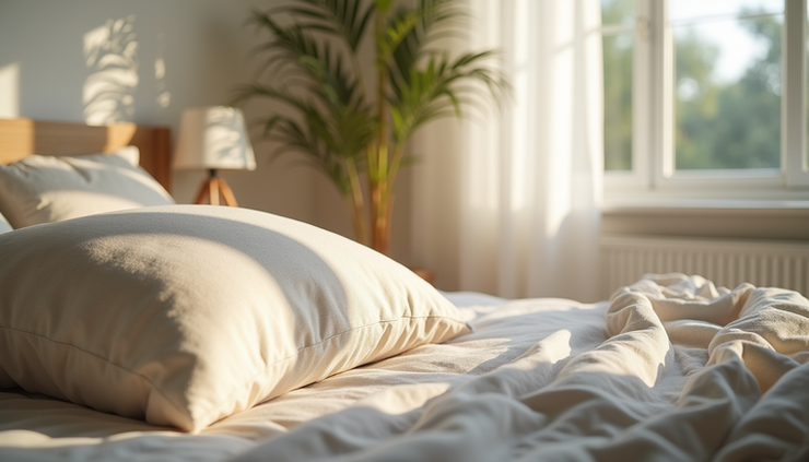 Eye-level view of a plush pillow on a neatly made bed in a bright California bedroom