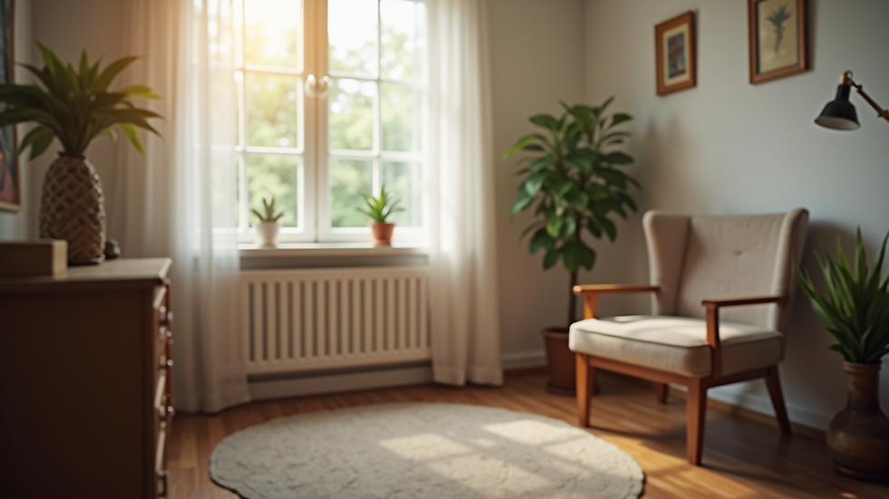 Eye-level view of a cozy counseling office with a comfortable chair and soft lighting