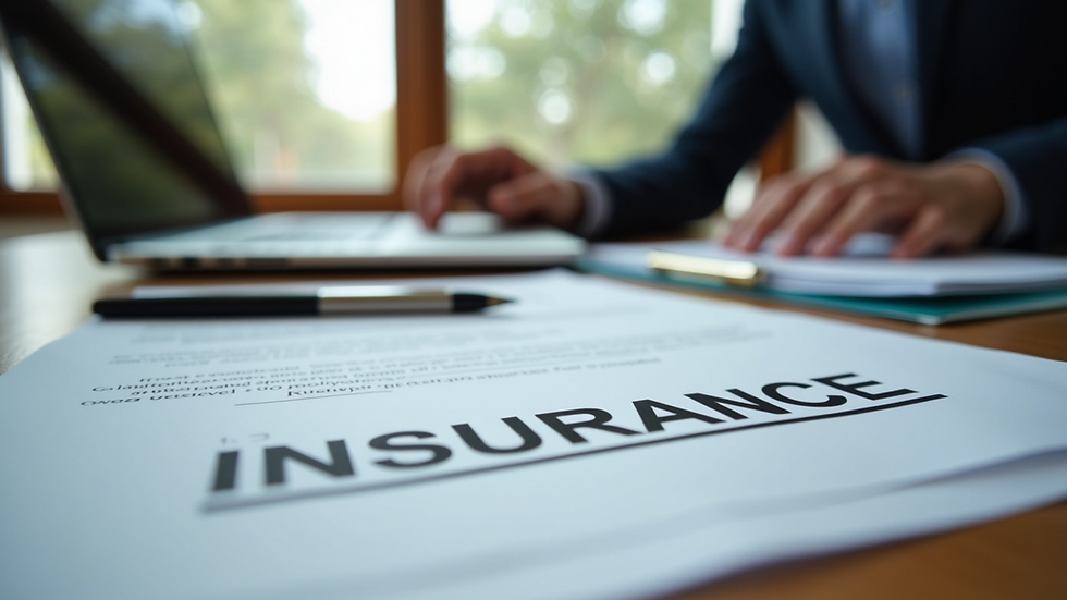 Eye-level view of a desk with insurance documents and a laptop