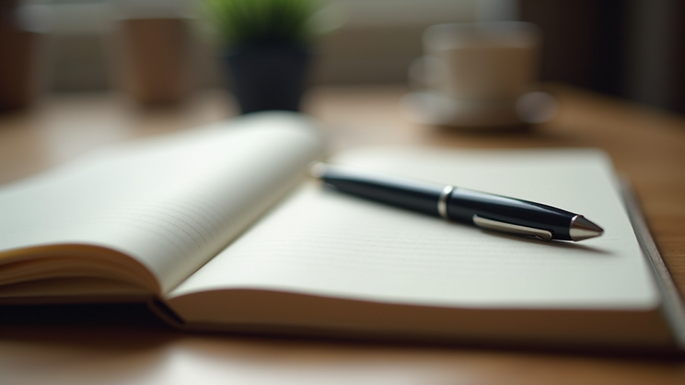 Close-up view of a journal and pen on a wooden table, symbolizing self-reflection