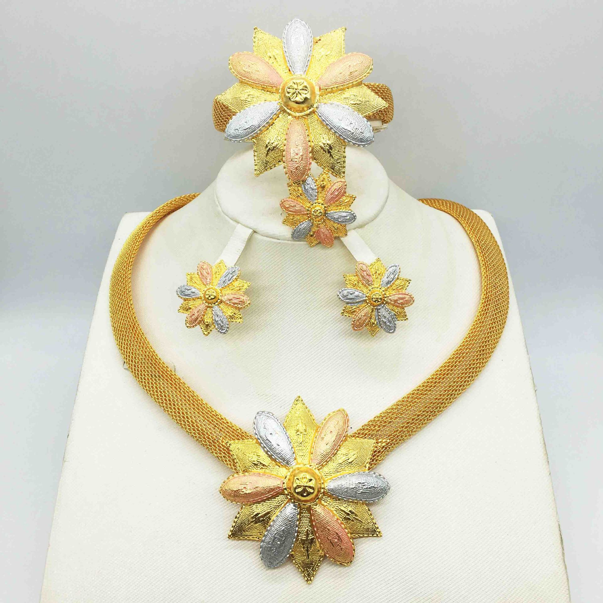 24K Gold-Plated Jewelry Set: Necklace, Bracelet, Ring, Earrings