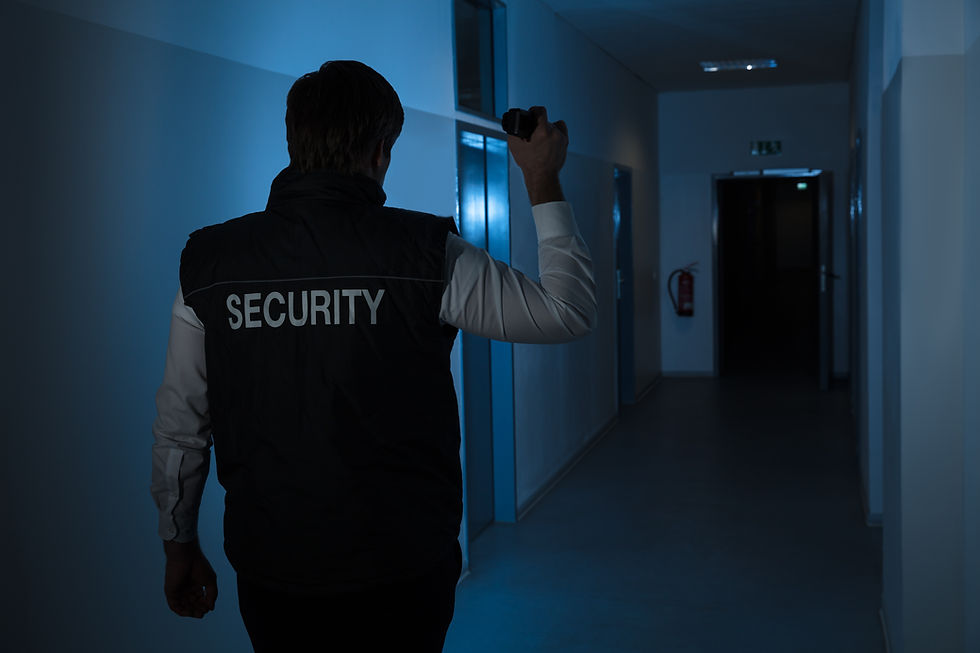 Rear View Of A Security Guard Standing In Corridor Of The Building Using Flashlight.jpg