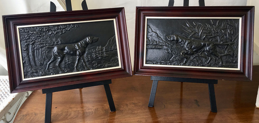Thumbnail: Pair of French Cast Metal Reliefs / Plaques of Hunting Dogs, Circa 1930s