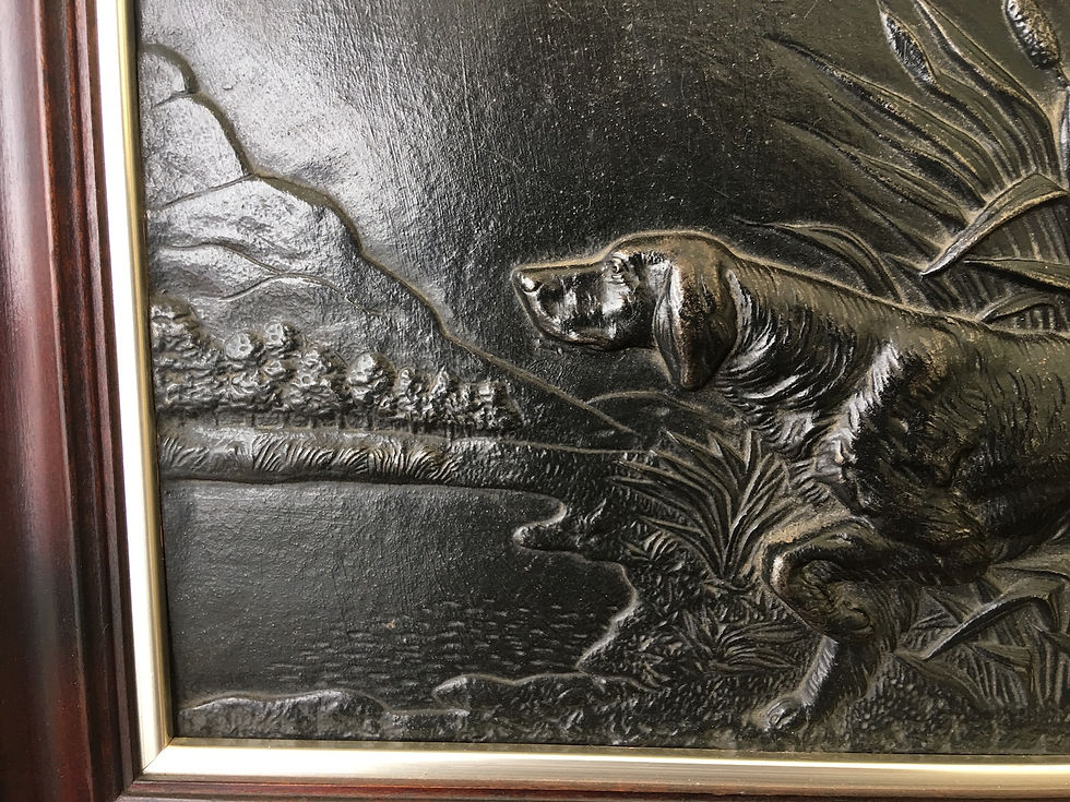 Thumbnail: Pair of French Cast Metal Reliefs / Plaques of Hunting Dogs, Circa 1930s