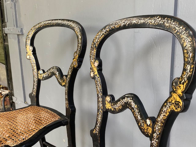 Thumbnail: Pair of 19th Century. Antique English Victorian Mother of Pearl Side Chairs