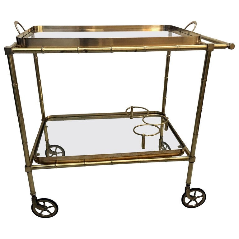 Mid-Century Brass Faux Bamboo Drinks Trolley Cart, Attributed to Maison Bagues