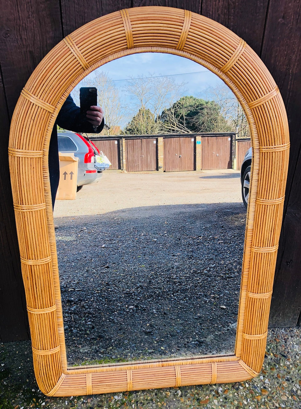 Thumbnail: Mid-Century Stick Rattan Arch Top Wall Mirror, American. 1970S