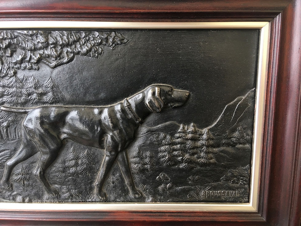 Thumbnail: Pair of French Cast Metal Reliefs / Plaques of Hunting Dogs, Circa 1930s