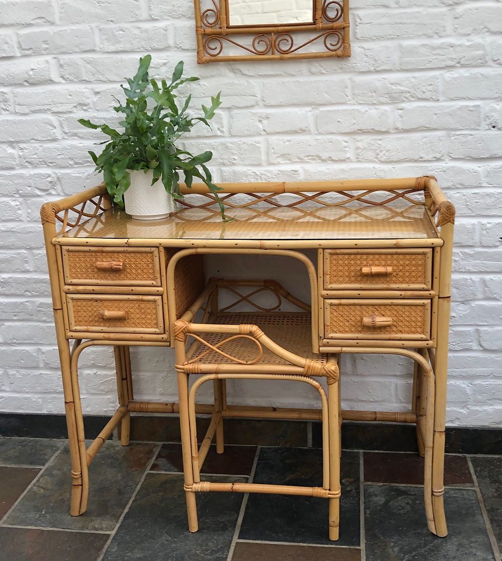 Thumbnail: Mid Century Cane Dressing Table / Small Desk, Stool & Mirror set, Angraves 1970s