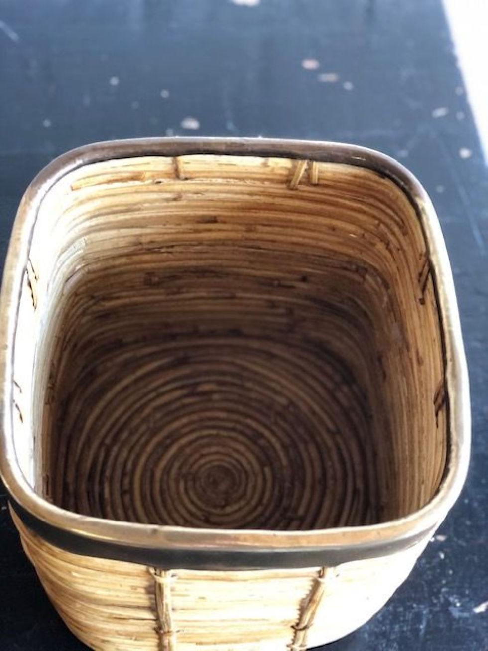 Thumbnail: Mid Century Rattan Bamboo Square Planter with Brass Rim, 1970s